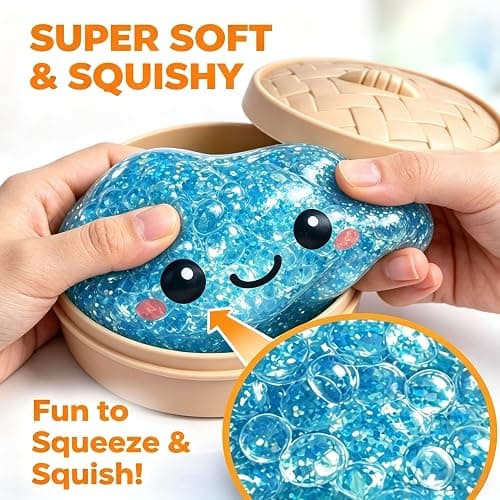Glitter Dumpling Squishy Soft TPR Squeeze Toy, Slow Rising Stress Relief Fidget, Cute Bao Bun Desk Decor, Handheld Relaxation Toy for Office Home Adults (Blue (Beads)) thumbnail 3