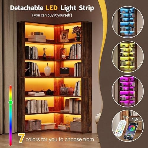 4 EVER WINNER Corner Bookshelf, 6 Tier Bookcase with LED Light and Storage, Industrial Tall Bookshelf Etagere Bookcase, 71” Corner Book Shelf with Storage Display Rack with Baffles for Home Office thumbnail 3