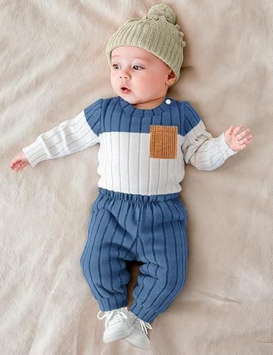 Baby Boy Clothes Color Block Ribbed Knitted Outfits Long Sleeve Romper+ Pants 2PCS Outfit 0-12 Months thumbnail 2