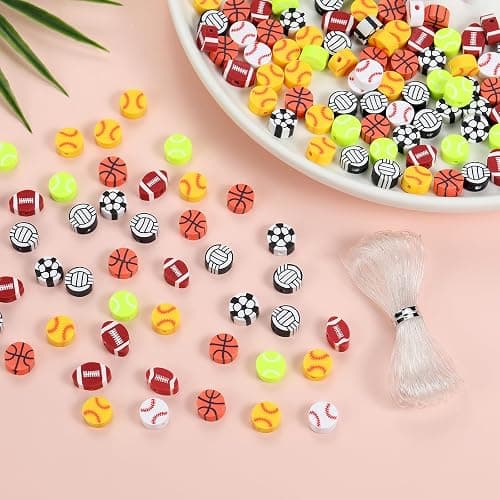 100Pcs Sports Ball Beads for Jewelry Making, Sports Polymer Clay Bead, Baseball Basketball Soccer Rugby Volleyball Football Beads for DIY Crafts Bracelet (Sports Ball) thumbnail 2