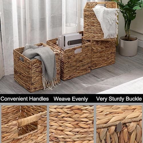 12x12in Storage Baskets Set of 4 Water Hyacinth Baskets,Foldable Handwoven Storage Cubes,Wicker Cube Baskets Laundry Organizer Totes for Home thumbnail 4