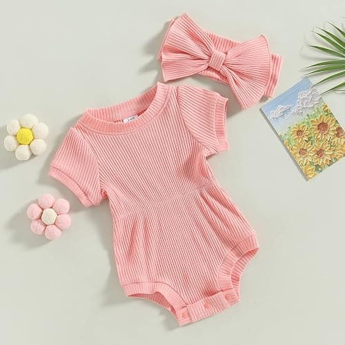 FOMOYUU Newborn Baby Girl Clothes Summer Short Sleeve Jumpsuit Romper with Bow Headband Knit Ribbed Outfits thumbnail 3