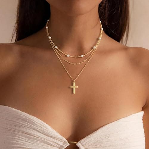 Reuscol Gold Cross Necklace for Women, Dainty 14K Gold Plated Cross Pendant Necklace Non Tarnish Gold Layered Necklace Stack Christian Baptism Religious Faith Jewelry Christmas Gifts for Women thumbnail 2