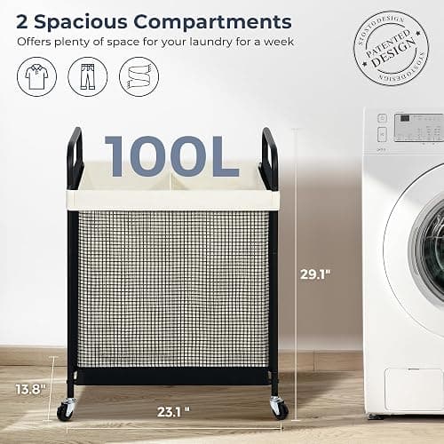 STO STO Laundry Hamper 2 Section, 100L Rolling Laundry Sorter Cart with Removable and Washable Liner Bag, Clothes Hamper with Wheels and Metal Handle for Laundry Room and Bedroom thumbnail 3