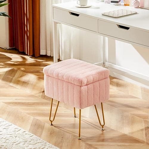 Sweetcrispy Vanity Stool Chair with Storage, 18.9”H x 16”L x 12.2”W Ottoman Chair Faux Fur Soft Padded Makeup Footstools Seat with 4 Metal Legs Anti-Slip Adjustable Feet for Make Up, Pink thumbnail 2