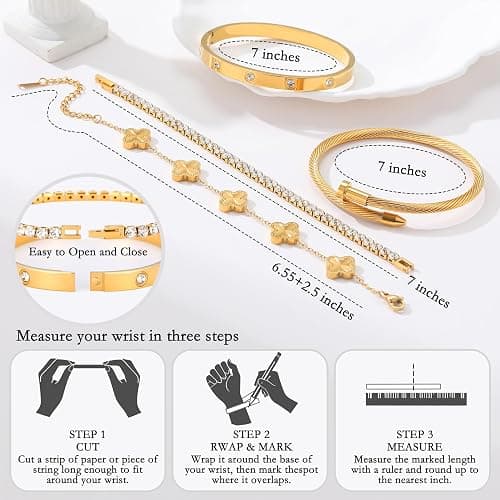 Jzrow 18K Gold Plated Bangle Bracelets Stack for Women,Four Leaf Clover Stackable Bracelets Non Tarnish,4 Pcs Jewelry sets Gifts thumbnail 4