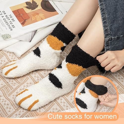 YSense Fuzzy Socks for Women 5 Pairs Warm Fluffy Winter Stocking Soft Cute Cat Animal Socks thumbnail 2