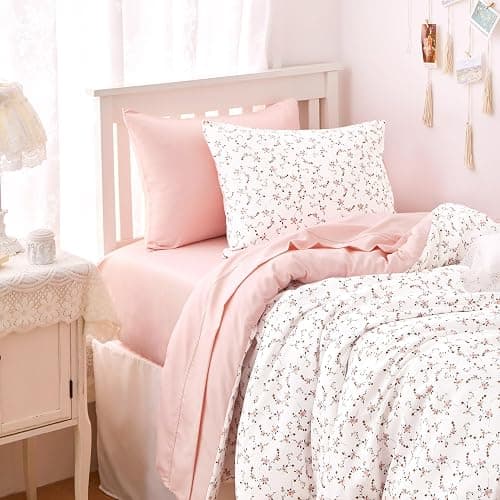 Wake In Cloud - Floral Comforter Set, Coquette Cottagecore Aesthetic Cute Flower Pattern for Women Teen Girls, Soft Lightweight Dorm Bedding, 3 Piece, Pink, Twin/Twin XL Size thumbnail 6