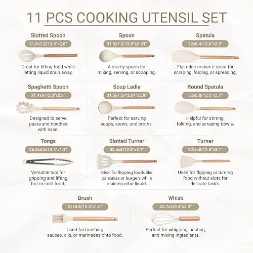 ZEDEAH 11-Piece Silicone Kitchen Utensils Set with Non Toxic Spatula, Tongs, Whisk, Turner & Ladle – Heat Resistant, Non-Scratch Cooking Tools with Wooden Handles, BPA-Free, Dishwasher Safe (Beige) thumbnail 3