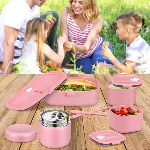 Pawtong Bento Lunch Box with 8oz Soup Thermo, Kids Sustainable Bento Box Leakproof Lunch Food Containers with Lunch Bag, Kids Thermo Insulated Hot Food Jar for School, Trvael (Pink) thumbnail 2