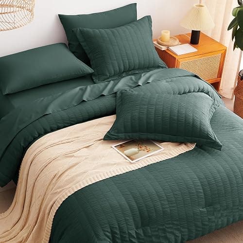 CozyLux Full Comforter Sets, 7 Pieces Forest Green Seersucker Bed in a Bag | OEKO-TEX Certified, All Season Bedding Set with 240 GSM Down Alternative Comforter, Flat & Fitted Sheets, Pillowcases & Shams thumbnail 6