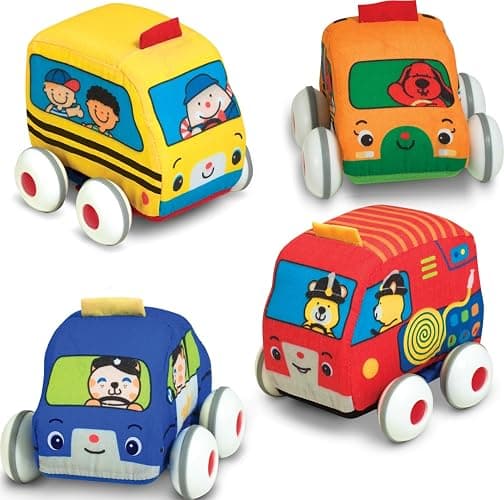 Melissa & Doug K's Kids Pull-Back Town Vehicle Set - Baby Toys Set with 4 Soft Toy Cars and Trucks, Surface Washable with Removable Wheels, Learning Toys for Babies and Toddlers - Image 1