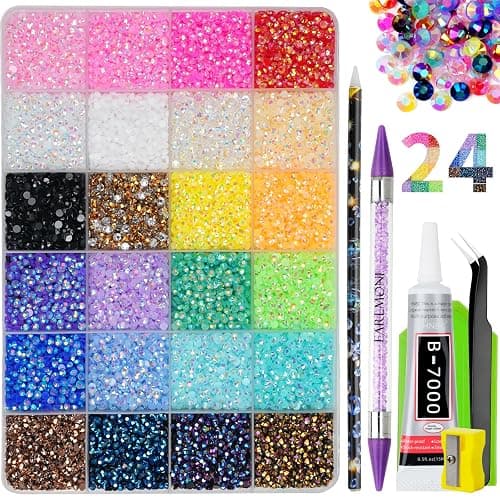 30000Pcs Nail Art Rhinestones, EARLMONI 24 Colors 3mm Flatback Rainbow Gems Resin Jelly Rhinestones Bedazzling Kit + 15ML Jewelry Glue Nail Rhinestone Picker Tool for DIY Crafts Clothes Shoes Nail Art - Image 1