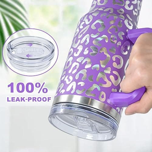 FECBK 40 oz Tumbler with Handle and Straw, 100% Leak-Proof Travel Mug, Stainless Steel Double Wall Vacuum Insulated Coffee Cup Keeps Cold For 34 Hours, Dishwasher Safe, Purple Leopard thumbnail 5