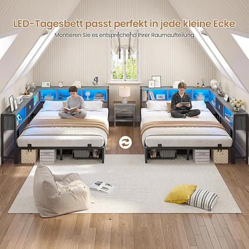 DICTAC Jugendbett 140x200 mit LED-Beleuchtung und Ladestation, Schlafsofa 140 x 200 mit stauraum-6 Staufächern und 2 Schubladen, Tagesbett mit Lattenrost aus Metall, Eichenasche | LED-Beleuchtung thumbnail 7