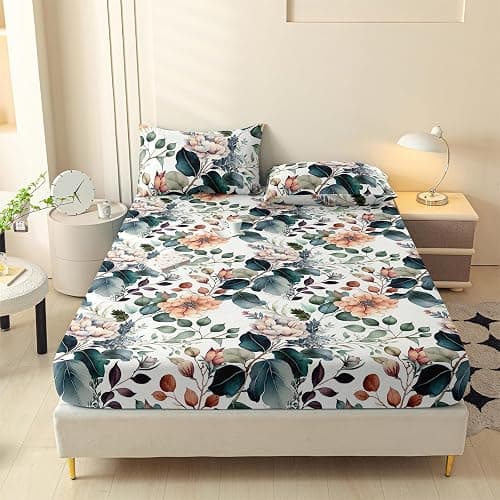LweiPsqLin Full Size Fitted Sheet - Floral Brushed Microfiber Bed Sheet with 15 Inch Deep Pocket Elastic Edges - Shrink & Fade Resistant, Botanical Print Bedding - Image 1