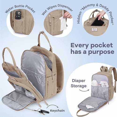 RUVALINO Diaper Bag Backpack-Multifunction Baby Travel Bag with Changing pad, Insulated Bottle Holders & Pacifier Case, Large Capacity, Waterproof, Clay thumbnail 3