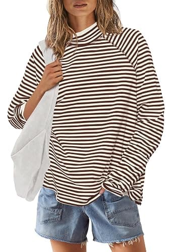 Yanekop Womens Striped Mock Neck Shirts Oversized Long Sleeve Tops Casual Pullover Tops Fall Fashion Basic Tees thumbnail 2