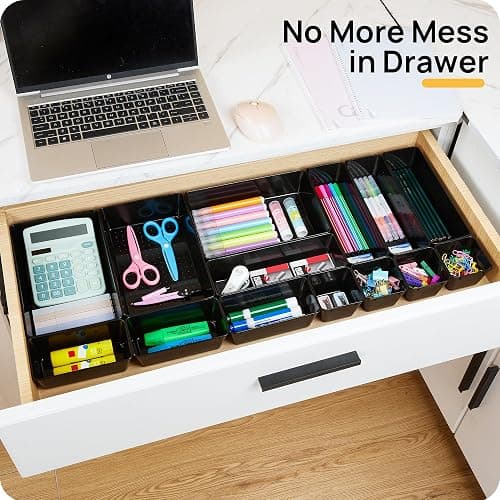 Vtopmart 25 PCS Office Desk Drawer Organizers Set, 4-Size Versatile Plastic Drawer Organizer Trays, Storage Bins for Desk Accessories Office Organizers and Storage, Bathroom, Makeup, Vanity, Black - Black thumbnail 3