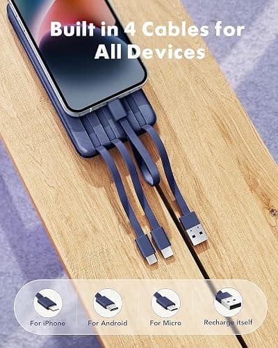 charmast Portable Charger with Built in Cables, Power Bank with Cords Wires, Slim 10000mAh Travel Battery Pack 6 Outputs 3 Inputs 3A Fast Charging for Samsung Google Pixel LG Moto iPhone iPad thumbnail 2