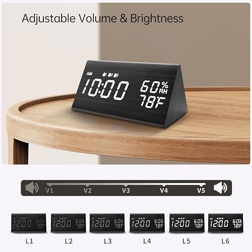 Digital Alarm Clock, with Wooden Electronic LED Time Display, 3 Alarm Settings, Humidity & Temperature Detect, Wood Made Electric Clocks for Bedroom, Bedside (Black) thumbnail 3