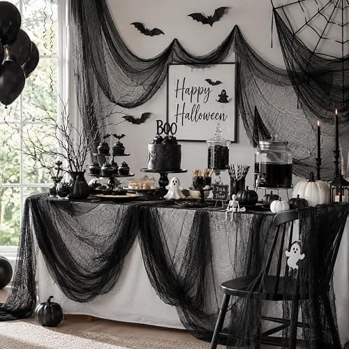 5 Pcs Black Halloween Gauze Creepy Cloth Fabric Tapestry Decor Decorations | 72 x 30 inch Black Halloween Decor, Indoor Outdoor Spooky Halloween Decorations for Home Wall Party Table Yard Haunted House thumbnail 5