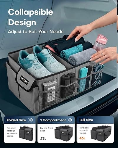 HOTOR Trunk Organizer - Foldable Car Organizer for SUVs & Sedans Storage | Sturdy Car Organization for Men & Women, Car Accessories, Tools, Sundries, Grey, 2 Compartments, 21.3" x 12.6" x 10.6" thumbnail 5