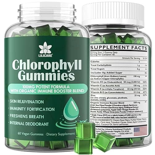 Sugar Free Chlorophyll Gummies - with Unfiltered ACV, Sea Moss & Elderberry, Echinacea, Vitamin D3, C, E, B12 - Natural Deodorant, Breathe Fresh, Immune & Digestion Support, Vegan Delicious Chews 60Ct - Image 1