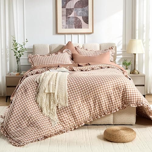 BDEUS 7 Pieces Gingham Ruffle Comforter Set Full Size, Brown Grid Tartan Bedding Set, Soft Breathable Fabric Comforter with Flat Sheet, Fitted Sheet, 2 Pillowcases & 2 Shams, 82"X86" - Image 1