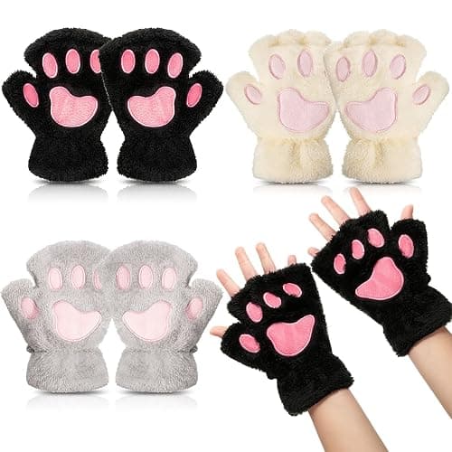 Geyoga 3 Pairs Cat Paw Gloves Therian Theme Furry Kawaii Plush Fingerless Paws Cosplay Gloves Girls Women Gift Costume Favor - Image 1