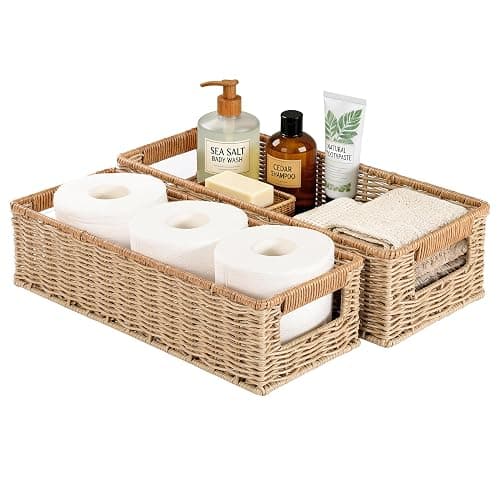 Rectangular Toilet Paper Baskets, 16 ¼"L x 6 ¾"W x 4 ½"H Nesting Plastic Wicker Basket with Built-in Handles, Woven Long Narrow Baskets for Pantry Bathroom Toilet Tank Top Countertop, 2 Pack - Image 1