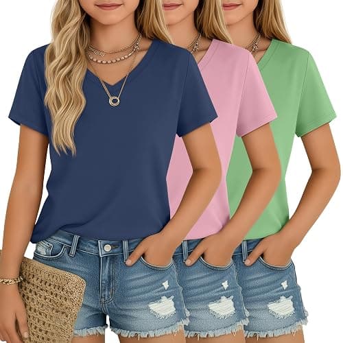 LessonZoo 3 Pcs Girls' V-Neck Loose Fit T-Shirts | Kids Short Sleeve Tees, Teens Cute Tops, 5-14 Years Girls, Solid Color, Soft Fabric, Flat Hem, Summer, Casual, School, Outing - Image 1