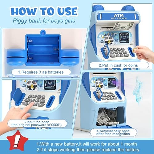Rabbit ATM Piggy Bank for Girls with Automatic Bill Roller, Electronic Coin Bank with Simulated Card Slot & Facial Recognition, ATM Money Saving Box with Music Function for Kids(Blue) thumbnail 6