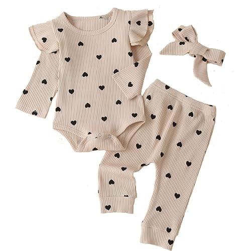 Fullfamous Baby Girl's 3pc Rib Frill Long Sleeve Romper and Pant Set - Image 1