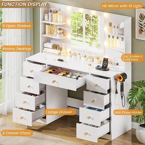 White Vanity Desk With Mirror and LED Lights, 3 Colors Adjustable, Large Makeup Vanity Desk with Power Strip and Hairdryer Holder, 9 Drawers & 6 Shelves Modern Dressing Table for Women, Bedroom thumbnail 3