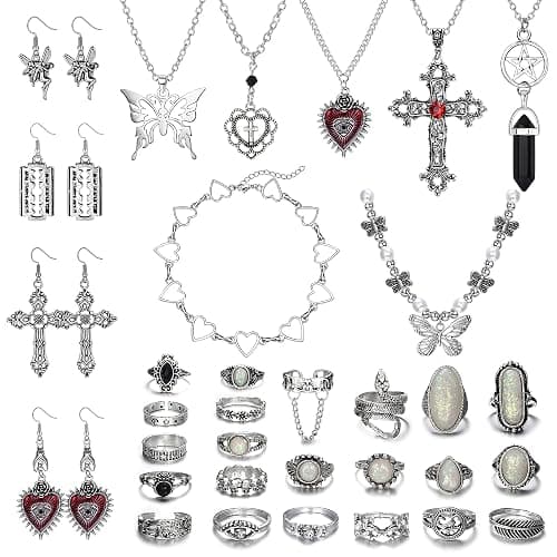 Subiceto 33Pcs Grunge Vintage Punk Necklace Jewelry Set Gothic Earrings Fairy Butterfly Boho Crystal Y2k Cross Pendent Butterfly Heart Choker Goth Stackable Knuckle Rings Adjustable Y2k Accessories for Women Men - Image 1