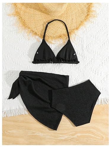 SHENHE Girl's 3 Pieces Halter Triangle Bikini Sets Spaghetti Strap Swimsuit Smocked Bathing Suit with Beach Skirt thumbnail 2