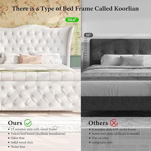 Queen Size Bed Frame-Upholstered Platform Chenille Sleigh Bed-51 inch Scroll Wingback Tall Headboard Footboard-Deep Button Tufted-Easily Assemble-Wood Slats Support-No Box Spring Required-Cream thumbnail 6