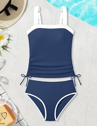 Queenstyle Teen Girls Tankini Swimsuit 2 Piece Bathing Suit Color-Block Drawstring Girls' Swimwear for 9-16 Years thumbnail 7