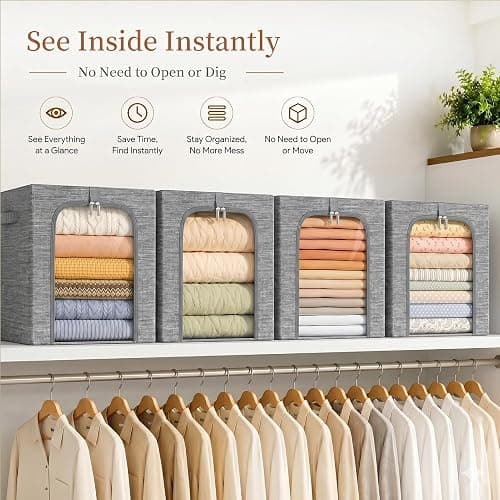 GoMaihe Clothes Storage Bins with Metal Frame for Closet, 40L 6-Pack Grey | Sweaters Hoodies Jeans T-Shirt, Closet Top Shelf Organizer, Steel Frame Collapse-Proof, Stackable, Clear Window, Dual Access thumbnail 7