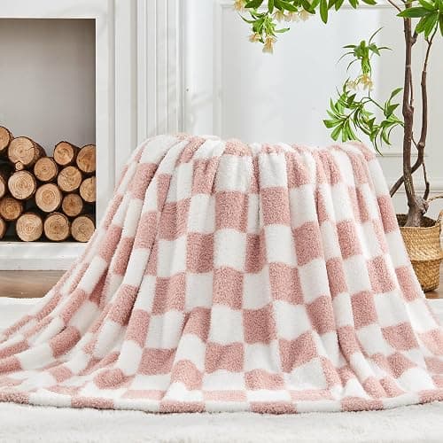 NEWCOSPLAY Knitted Pink White Checkered Blanket Super Soft Plush Throw for Couch Fuzzy Fluffy Microfiber Lightweight Blanket for Bed Sofa All Season Use (Pink White, Twin(60"x80")) thumbnail 9