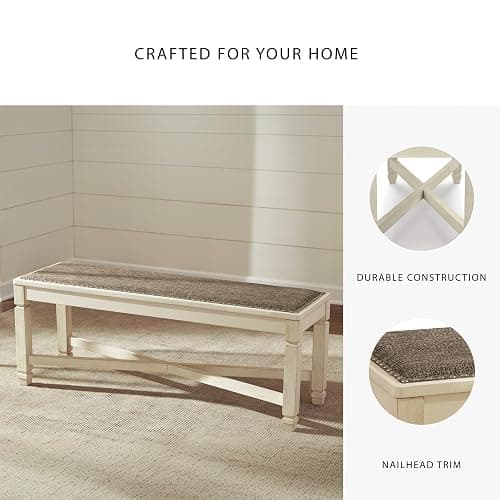Signature Design by Ashley Bolanburg Casual French Country Upholstered Dining Room Bench with Nailhead Trim, Heavy Woven Fabric, Wood, Antique White & Tan thumbnail 5