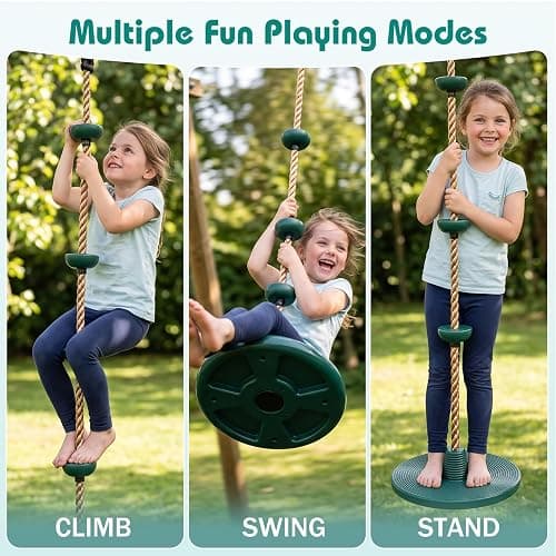 Lustriix Tree Swing 330LB, Rope & Platform Set with Carabiner, Green | Climbing rope, disc seat, hanging strap, non-slip. 330LB capacity. Backyard, garden, tree house. Gift for kids. thumbnail 6