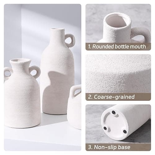 Ceramic Vase Set, 3Pcs Flower Vases for Modern Boho Farmhouse Decor, Decorative Vases for Pampas Grass & Dried Flowers, Distressed Finish thumbnail 3