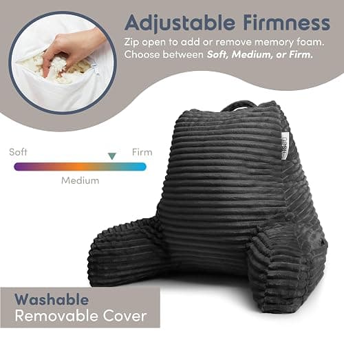 Nestl Reading Pillow with Shredded Memory Foam, Luxe Cut Plush Back Pillow for Sitting Up in Bed, Back and Arms Adjustable Support for Adult & Teens, Backrest Pillows with Washable Cover Dark Grey thumbnail 5