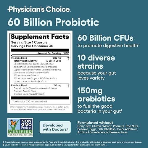 Physician's CHOICE Advanced Gut Health Bundle: 60 Billion Probiotics 30ct + Digestive Enzymes 60ct for Digestive, Gut, and Immune Health Supports Occasional Constipation, Diarrhea, Gas, and Bloating thumbnail 5