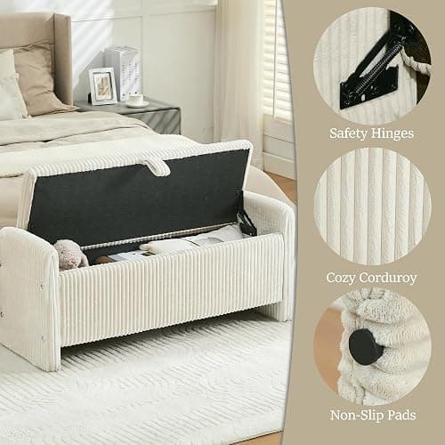 WUTUTUEE 44'' Corduroy Storage Ottoman Bench, Upholstered Storage Bench End of Bed for Bedroom, Linear Bed Bench with Safety Hinge, Living Room, Entryway, Beige thumbnail 3