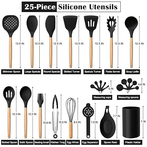 E-far Black Kitchen Utensils Set with Holder, 25-Piece Silicone Cooking Utensil Set with Wooden Handle for Nonstick Cookware, 446°F Heat Resistant Kitchen Tool Spatula Tongs Whisk, Non-toxic & Healthy thumbnail 3