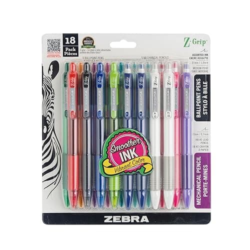 Zebra Pen Z-Grip Retractable Ballpoint Pen, Medium Point, Assorted Ink, Plus Z-Grip Mechanical Pencil, Medium Point, HB #2, Graphite, 18-Pack. (23618) - Assorted - 18