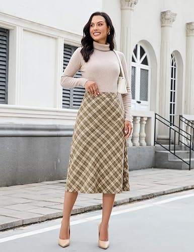 luvamia Plaid Skirts for Women Midi Length High Waisted Trendy A Line Elastic Waist Casual Office Work Fall Skirt thumbnail 5